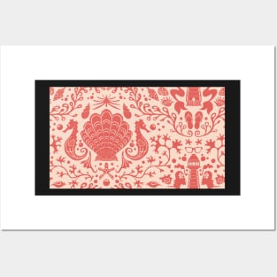 coral summer beach damask pattern with coral red seashells Posters and Art